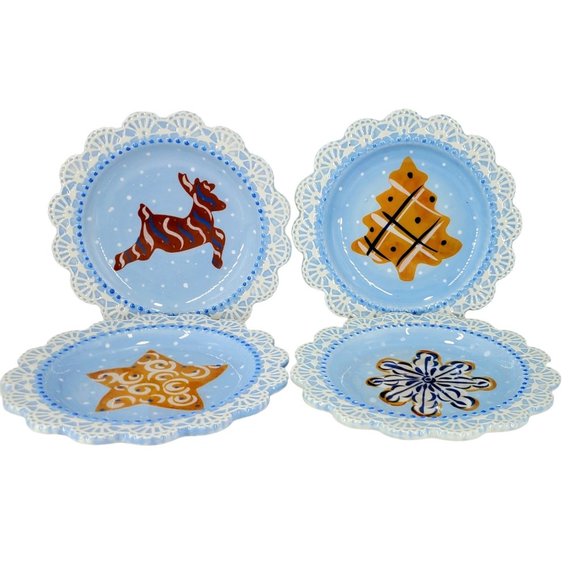 Paula Dean Set/4 Sugar Cookie "Suite" Dessert Plates Scalloped Hand Painted Holi - Picture 1 of 11